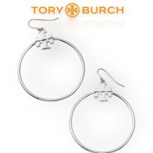 NEW! Tory Burch Silver Stacked T Logo Hoop Earrings